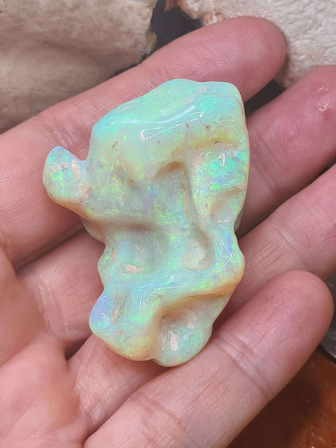 (1209) 114.52ct Free-Form Carving Rough-Rubbed Solid Crystal Opal Called "Bubblegum" Global Opals
