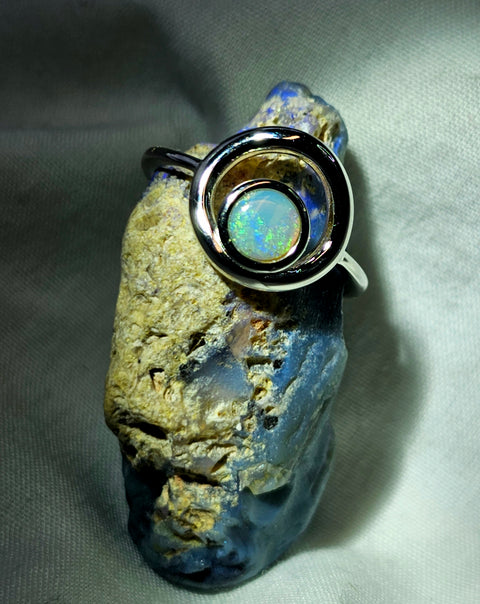 Coober Pedy Circular White Opal Sterling 925 Silver Opal Ring (CP26) Global Opals