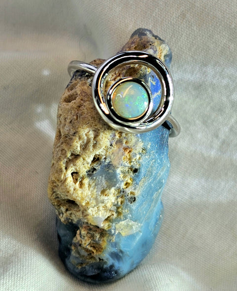 Coober Pedy Circular White Opal Sterling 925 Silver Opal Ring (CP26) Global Opals