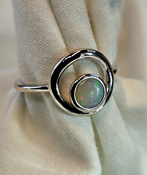 Coober Pedy Circular White Opal Sterling 925 Silver Opal Ring (CP26) Global Opals