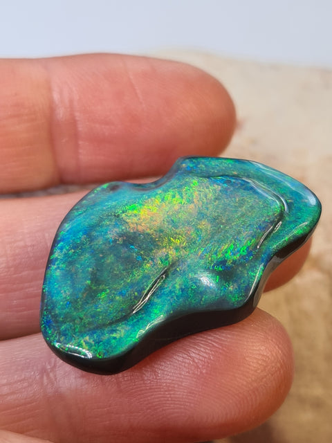 Truly Unique Free-Form Black Opal Bright Orange Flashes! 2155 / 27.34ct Global Opals